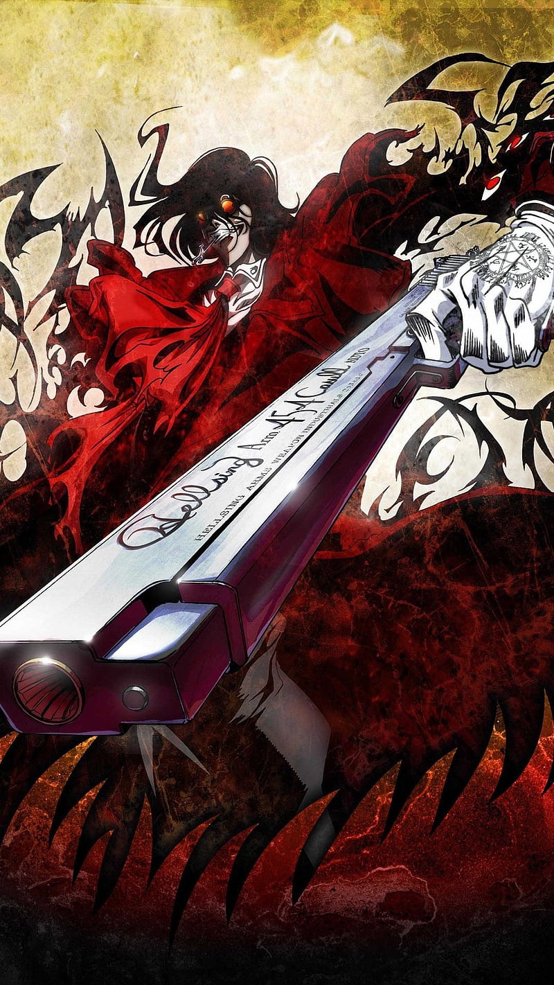 Hellsing, Alucard, anime, dark, red eyes, glowing eyes, gun, HD