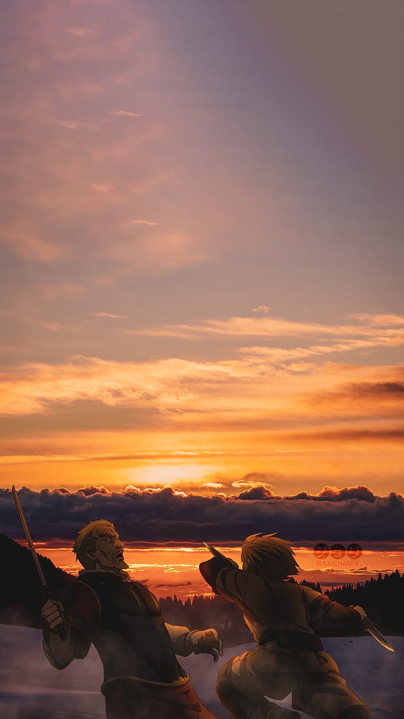 Throfinn vs Askeladd, anime, askeladd, iceland, sunset, thorfinn